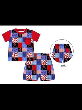 Red & Blue Patchwork Kids bamboo short Set - Short Sleeve Top & Shorts